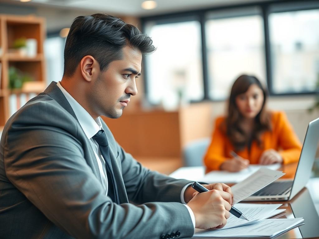 A close-up shot of a professional lawyer in an office setting, discussing a labor dispute case with a client. The lawyer is focused and engaged, with legal documents and a laptop in the background. The composition should be bright and inviting, with a warm color palette that includes shades of orange to align with the primary color #FF6E4E.