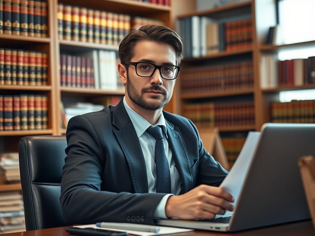 A close-up shot of a confident lawyer in a professional setting, sitting at a desk with legal documents and a laptop open, showcasing a focused expression. The background should be a well-organized office with bookshelves filled with law books. The composition should be simple, emphasizing the lawyer as the single subject in the frame, with warm lighting to convey a sense of professionalism and approachability.