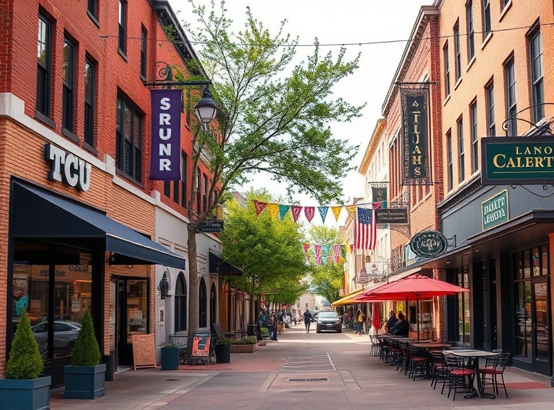 Retail and dining district near TCU College with storefronts and restaurants protected by security cameras
