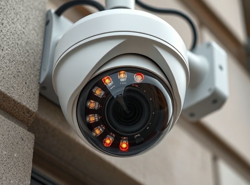 Close-up of professional security camera dome with infrared LEDs and 4K resolution lens for home security surveillance