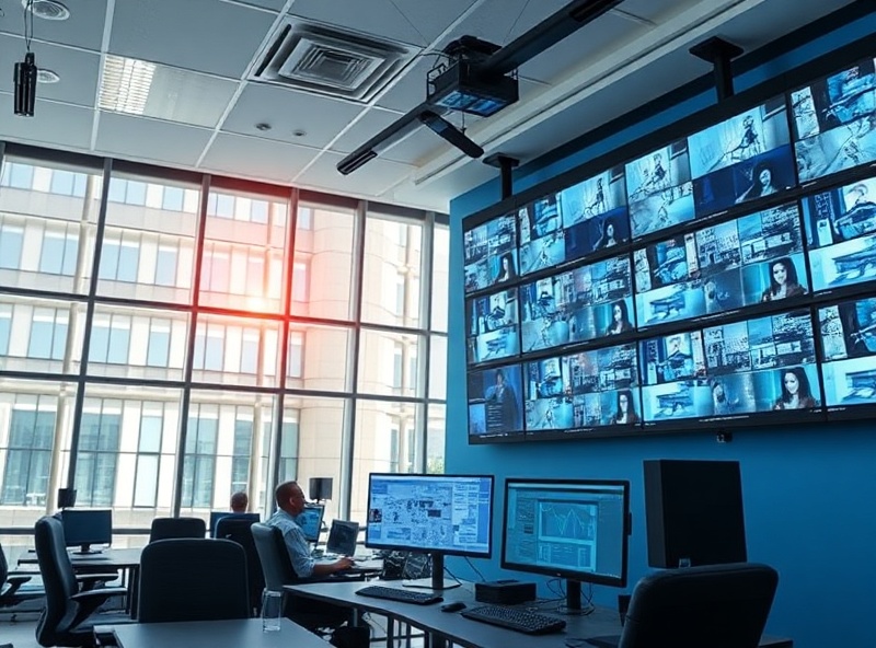 Office building interior showing security monitoring dashboard with multiple HD video feeds for commercial camera systems