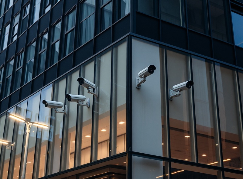 Downtown Fort Worth commercial building exterior with multiple professional security cameras and HD surveillance systems