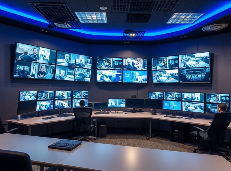 Fort Worth office complex security control room showing multiple screens with live feeds