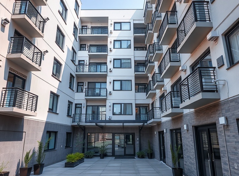 Modern apartment building exterior with security cameras