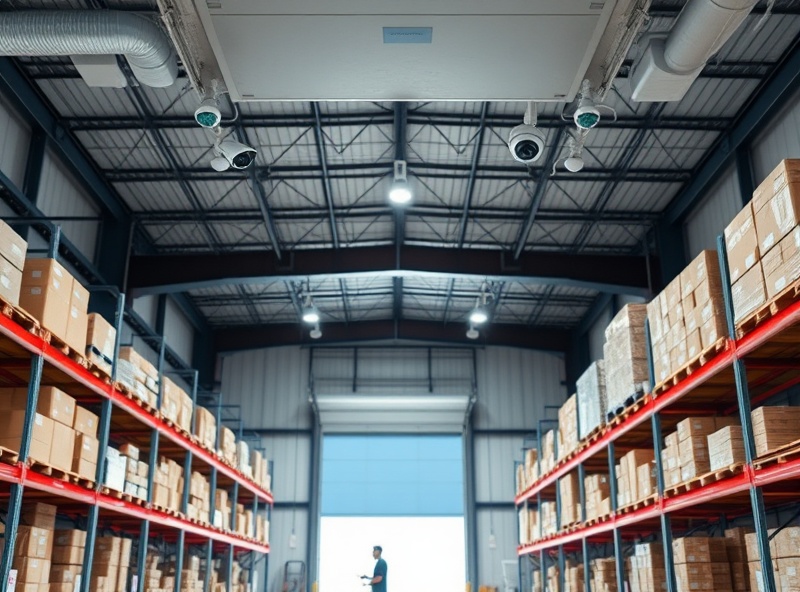 Industrial warehouse interior with professional security camera system monitoring inventory and loading dock