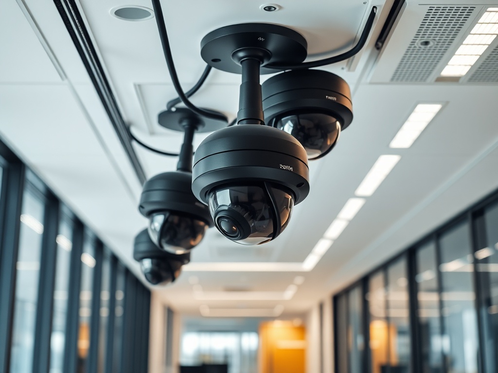 Professional commercial security camera installation in modern office building Fort Worth DFW business surveillance system
