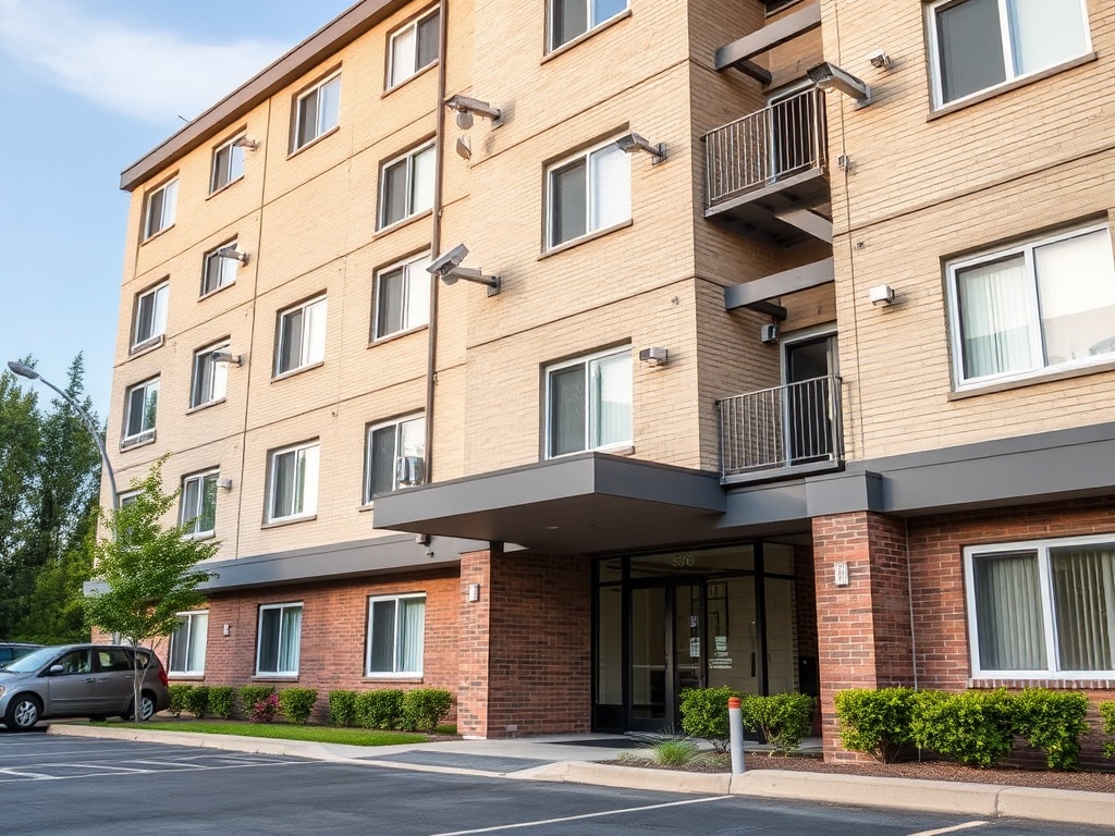 Apartment building exterior showing security cameras multi-unit residential surveillance DFW