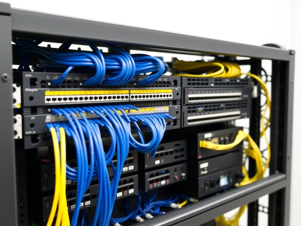 Professional network rack with patch panels CAT6 PoE wiring installation Dallas Fort Worth