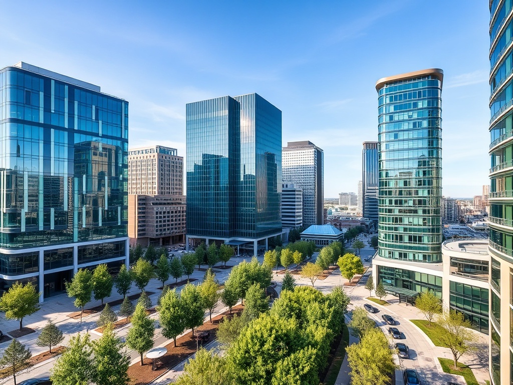 Plano Texas modern downtown business district with contemporary glass office buildings and professional security camera systems