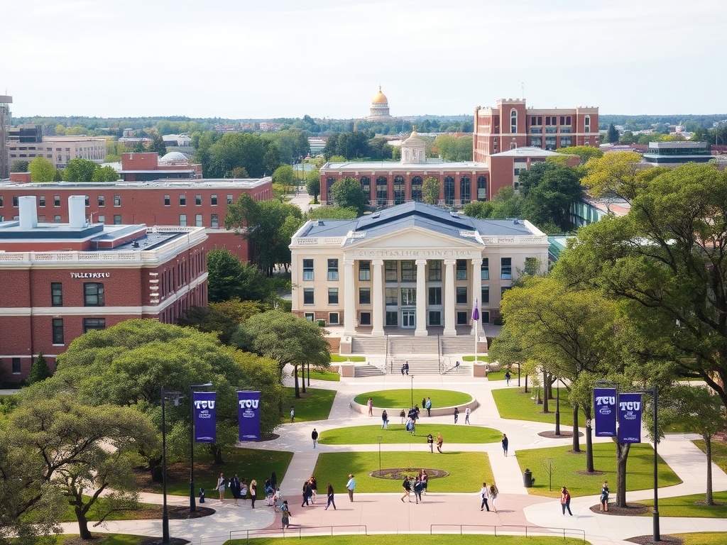 Texas Christian University campus buildings and tree-lined walkways with security cameras protecting academic areas