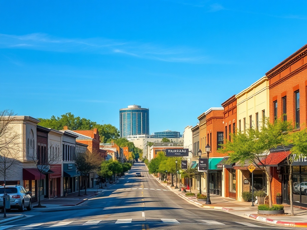 Arlington Texas mixed residential and commercial area showing typical street scene with shops and homes