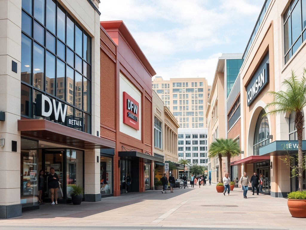 Modern retail district with storefronts and professional security camera coverage in Dallas
