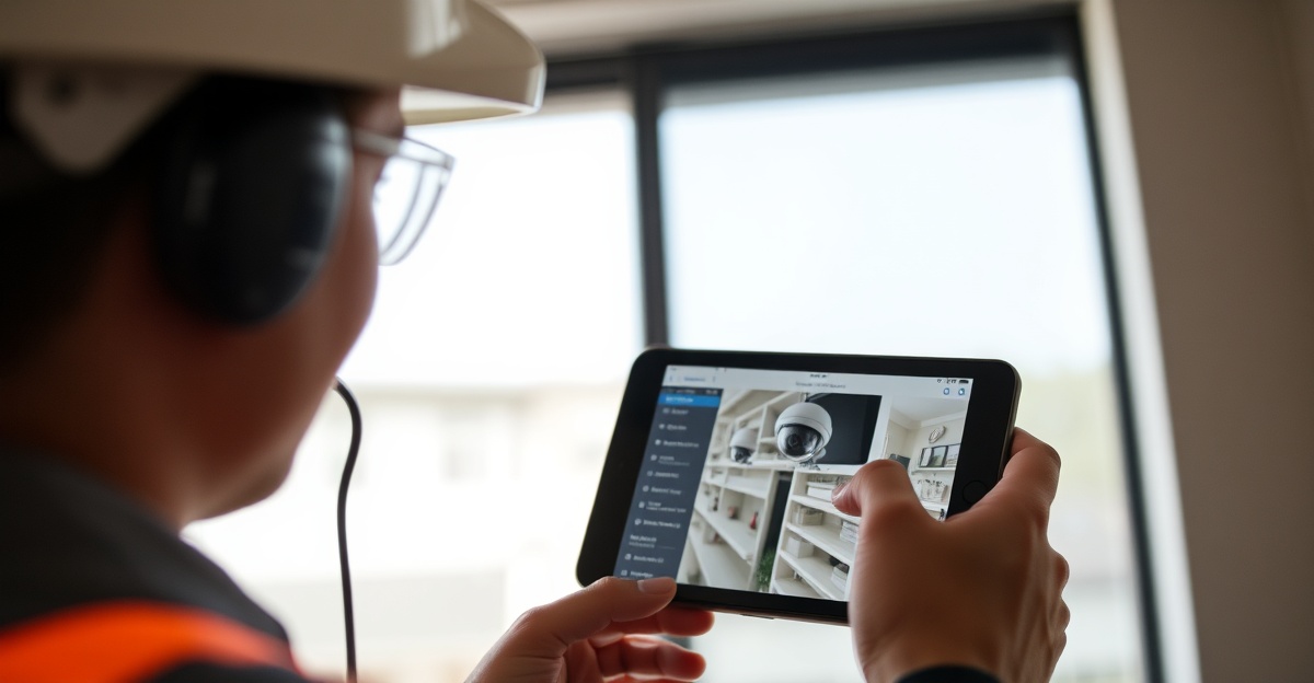 Technician configuring and testing security camera system with mobile app
