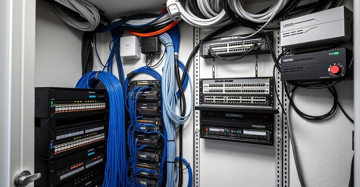 Network wiring closet with organized infrastructure for apartment surveillance