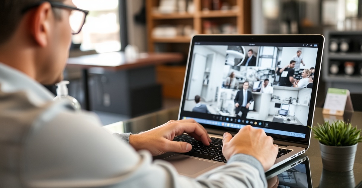 Fort Worth small business owner reviewing security camera system on laptop