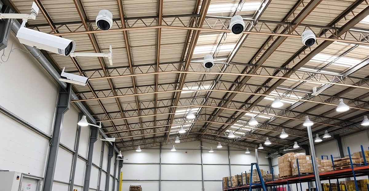 Large commercial warehouse with professional multi-camera security system installed