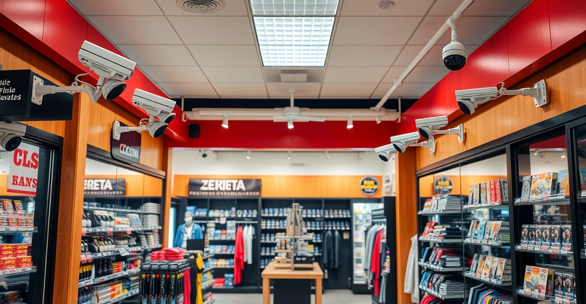 Commercial retail store interior with professional security camera system installation
