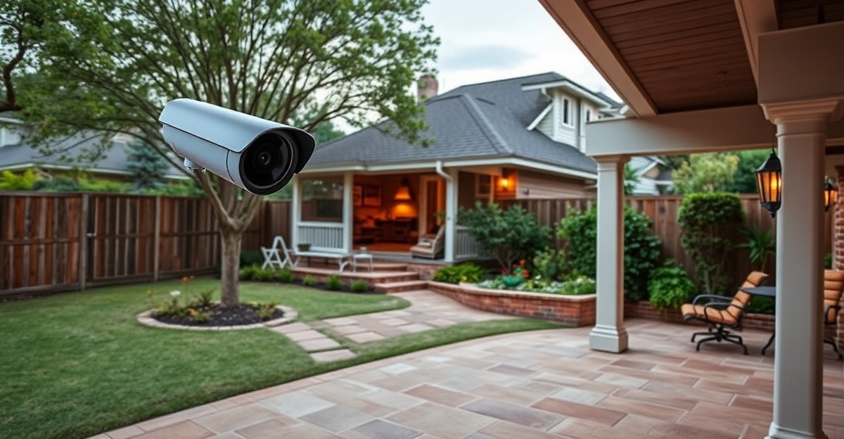 Fort Worth residential home with security cameras covering driveway and backyard