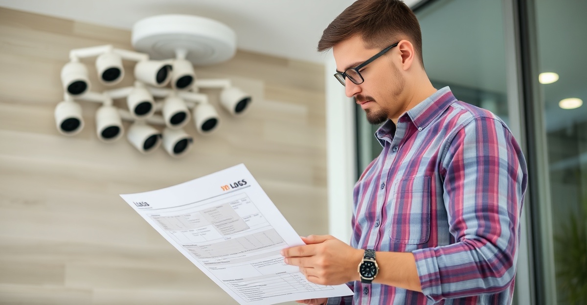Commercial property manager reviewing security system documentation and installation report