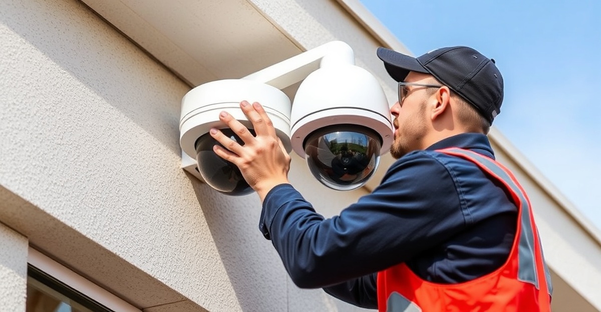 Professional technician maintaining and cleaning security camera system