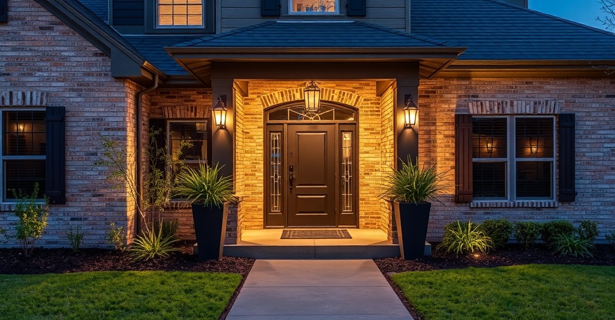 Fort Worth residential home front entrance with modern security camera and outdoor lighting