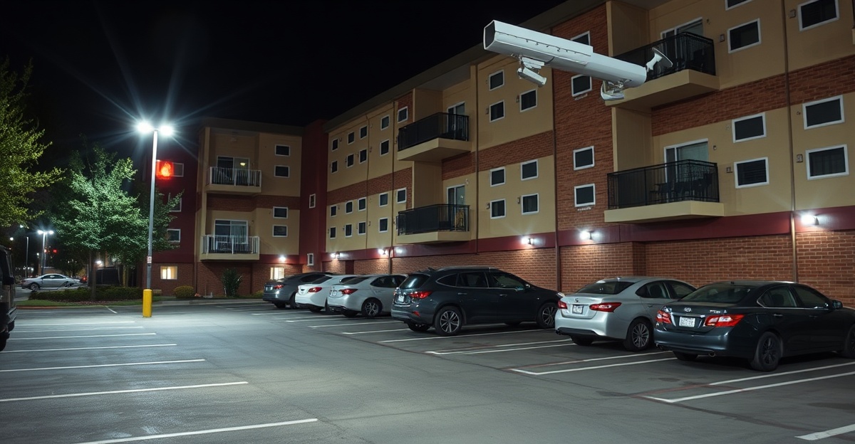 Apartment parking lot with comprehensive security camera coverage at night