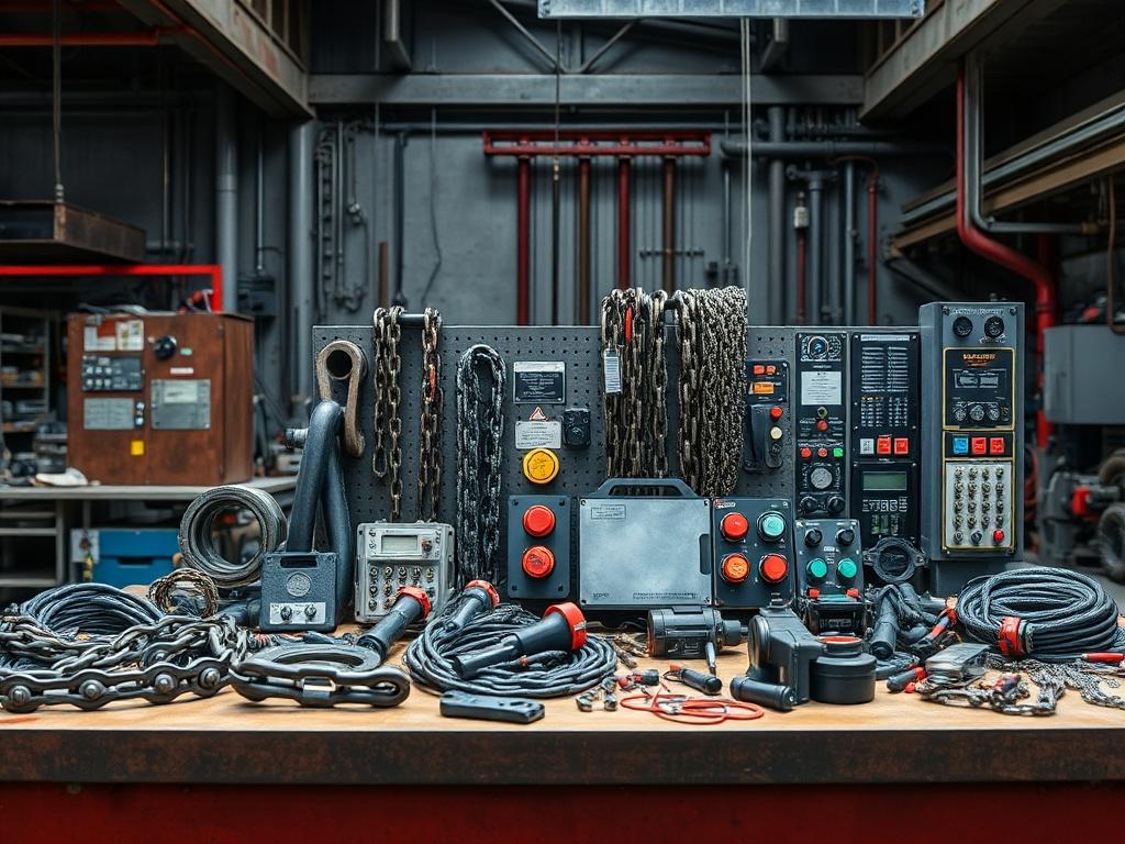 A high resolution of various industrial spare parts, including chains,