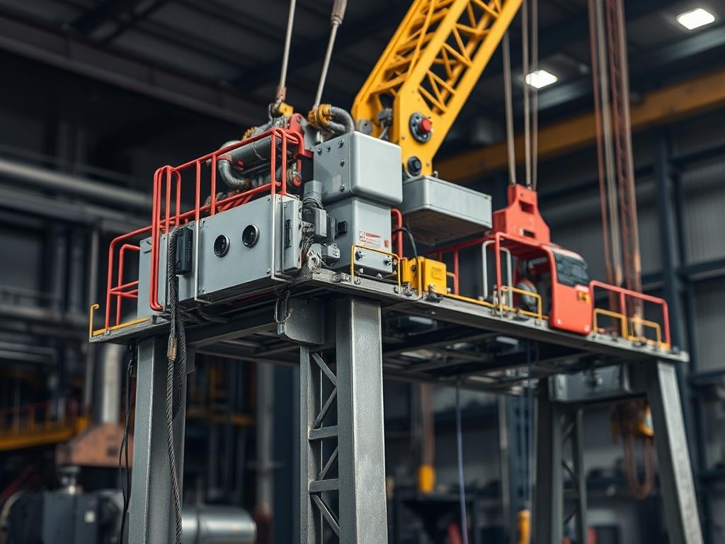 Create a realistic high-resolution image that captures the essence of "Mantenimiento Preventivo de Grúas." The composition should feature a single, well-maintained industrial crane in a close-up shot, highlighting its robust structure and intricate components. The crane should be positioned prominently in the center of the image, showcasing its metallic elements, control panels, and cables.

The background should be a softly blurred industrial setting, potentially a factory or a warehouse with dim lighting 