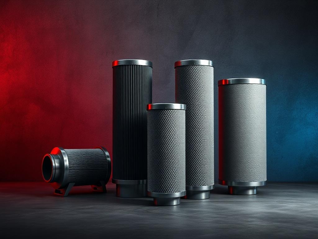 A realistic high-resolution image of industrial filters displayed prominently against a graphite background. The filters should be shown in a robust industrial setting, showcasing heavy steel and metal elements. The lighting should highlight the textures of the filters, emphasizing their quality and durability. Include subtle accents of red and blue tones in the background to create a striking visual contrast, while maintaining a focus on the filters as the central subject.
