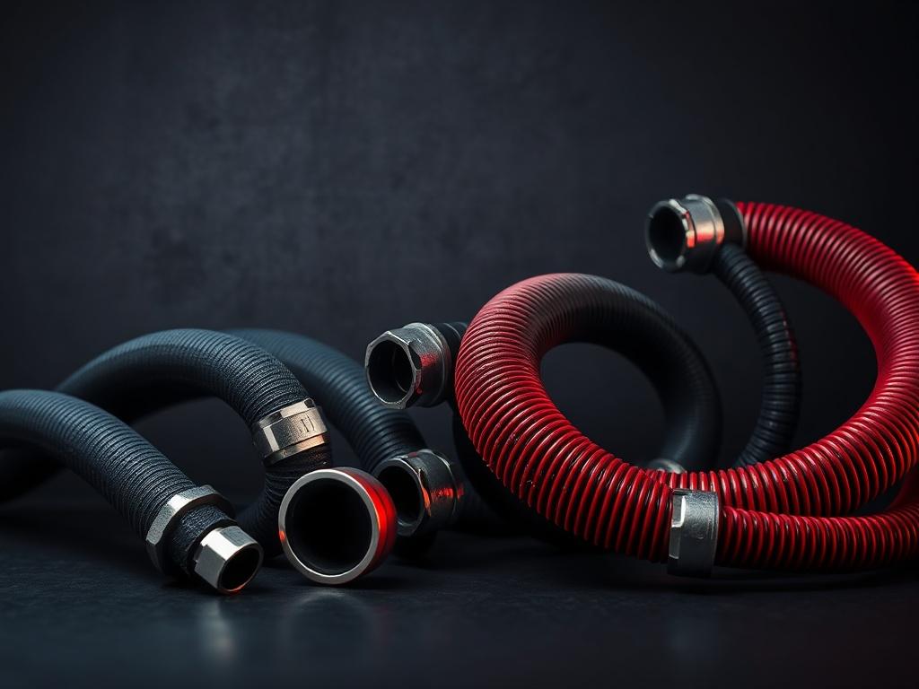 A high-resolution image of industrial hoses displayed prominently on a dark graphite background. The hoses should be of various sizes and shapes, showcasing their robustness and flexibility. The composition should focus solely on the hoses, with a subtle industrial aesthetic highlighted by red and blue tones, emphasizing strength and reliability.