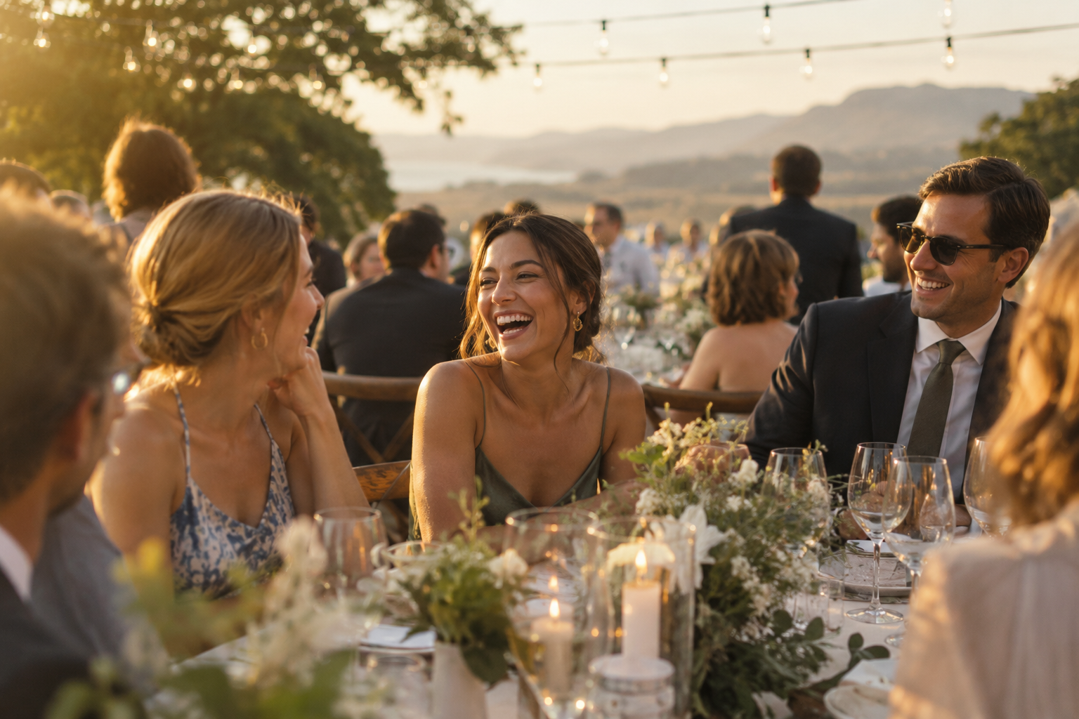 Guests laughing at a golden-hour reception table at a wedding planned by Marlowe & Bloom