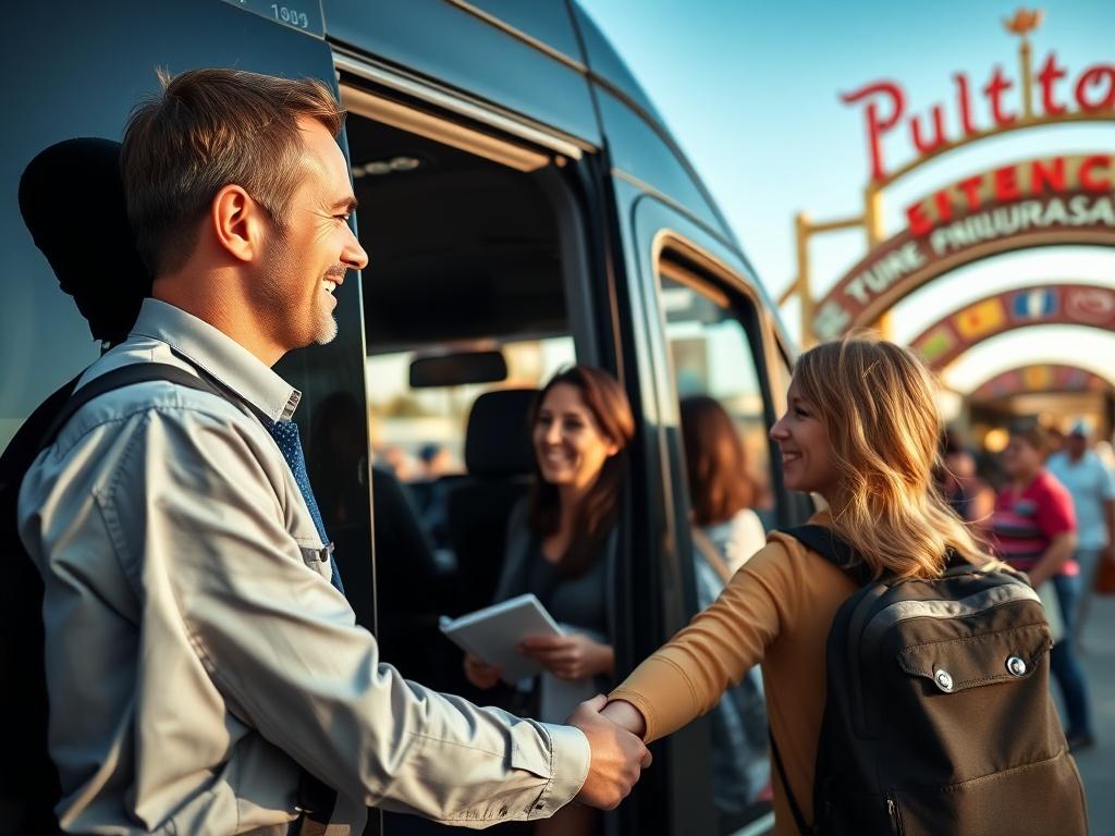 A friendly, professional bus driver assisting passengers as they board a luxury Sprinter van. The scene captures the warm interaction between the driver and guests, showcasing the high level of customer service provided by Fabulous Buses and Tours, Inc. The background should hint at a busy theme park entrance, emphasizing the transportation service's connection to popular attractions.