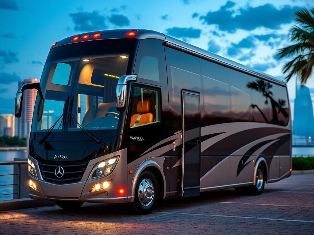 A luxurious 56-passenger Van Hool motorcoach parked at a scenic location in Orlando, showcasing its elegant exterior and spacious interior. The bus should be well-maintained and clean, with an inviting atmosphere that highlights its comfort features. The background should include a hint of Orlando's skyline or theme parks, emphasizing its role in transportation for visitors.