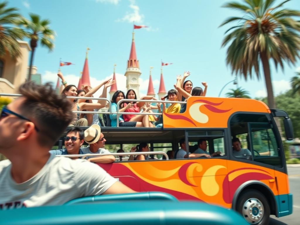 A vibrant double-decker bus filled with excited passengers on their way to a theme park, captured in a sunny Orlando setting. The bus should be in motion, showcasing the lively atmosphere and the joy of group travel. The background should include the iconic theme park entrance, highlighting the purpose of the shuttle service.