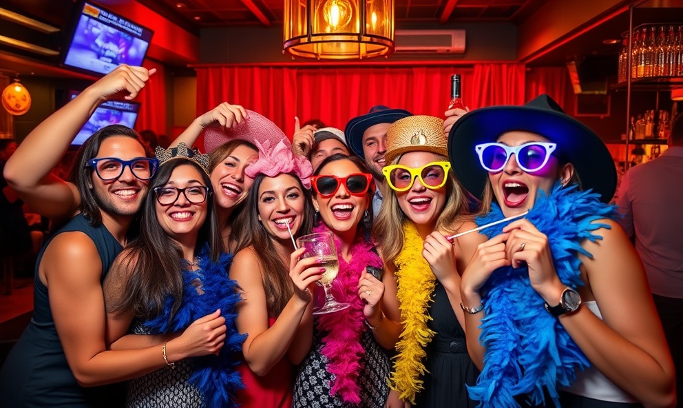 People enjoying the photo booth with props