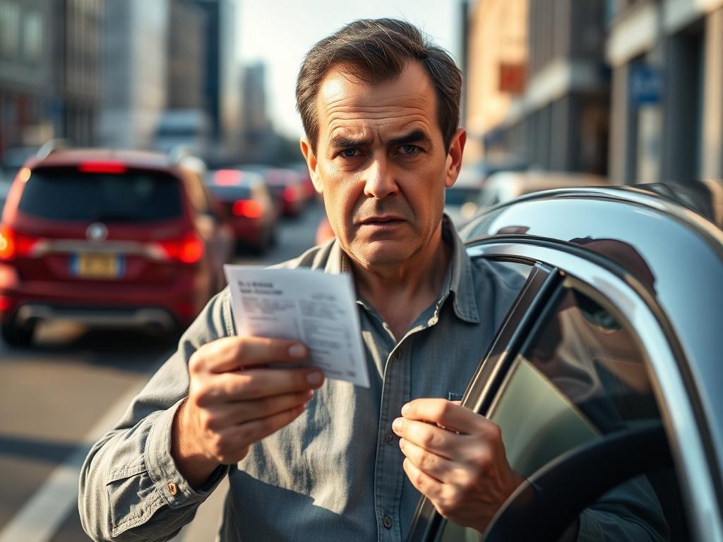 Create a realistic high-resolution photo of a stressed man holding a traffic ticket. The subject should be a middle-aged man with short dark hair, wearing a casual button-up shirt and looking visibly frustrated. His facial expression should reflect anxiety and bewilderment, emphasizing his distress over the ticket in his hand. 

Position him in a simple, uncluttered environment, such as a parked car on the side of a busy street. In the background, show hints of blurred traffic, with faint outlines of vehicl
