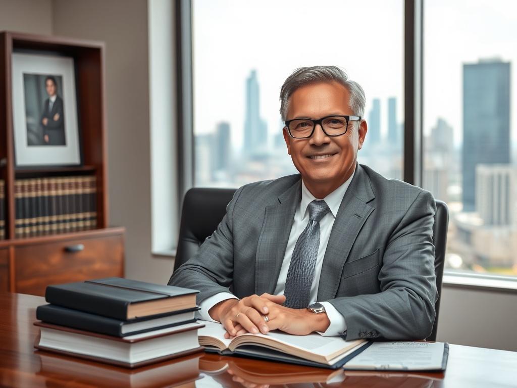 **Prompt for AI Image Generator:**

Create a highly detailed, realistic high-resolution photo that captures the essence of a professional lawyer in an office setting that reflects the unique legal landscape of Houston. The composition should be simple and clear, featuring a single subject: a confident, middle-aged lawyer, portrayed as a person of authority and expertise. The lawyer should be wearing a tailored suit and glasses, with a warm, approachable expression, sitting at a polished wooden desk. 

On th