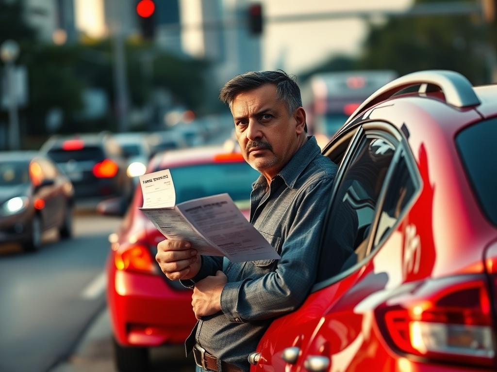 Create a realistic high-resolution photo featuring a concerned driver standing next to their parked car on the side of a busy Houston road. The driver, a middle-aged Hispanic man, is dressed in casual clothing, holding a traffic ticket and looking worried. The background should clearly depict a traffic scene with blurred cars passing by, showcasing the urban environment of Houston. The composition should be simple and straightforward, focusing solely on the driver to convey the stress of receiving a traffic