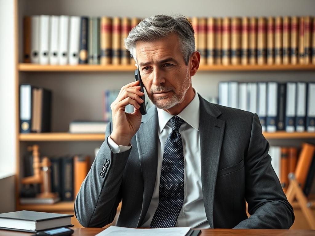 **AI Image Generator Prompt:**

Create a realistic high-resolution photo featuring a portrait of a seasoned traffic lawyer in their office, exuding confidence and professionalism. The lawyer is engaged in a thoughtful discussion on the phone, representing a common scenario in their daily work life. 

**Composition:** The image should focus solely on the lawyer as the central subject, capturing them from the waist up. Frame the shot in a simple and clear manner within their office environment, ensuring that 