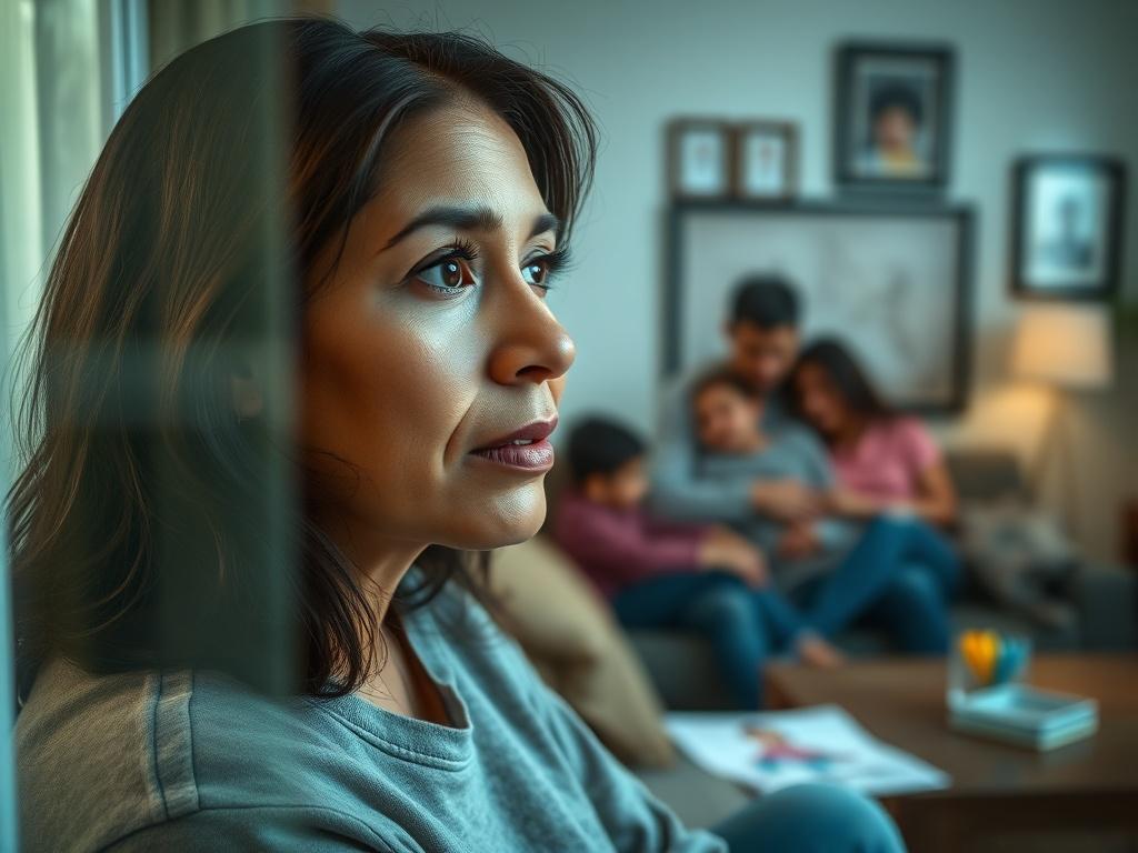 Create a realistic, high-resolution close-up image of a thoughtful parent, gazing out of a window with a pensive expression. The subject should be a Hispanic mother in her late 30s, dressed in casual, comfortable clothing, representing a relatable figure. Her expression reflects contemplation and concern, symbolizing the weight of a criminal record on her family's future.

In the background, softly blurred, feature a cozy living room setting with family photos on the walls, showcasing happy moments with chi