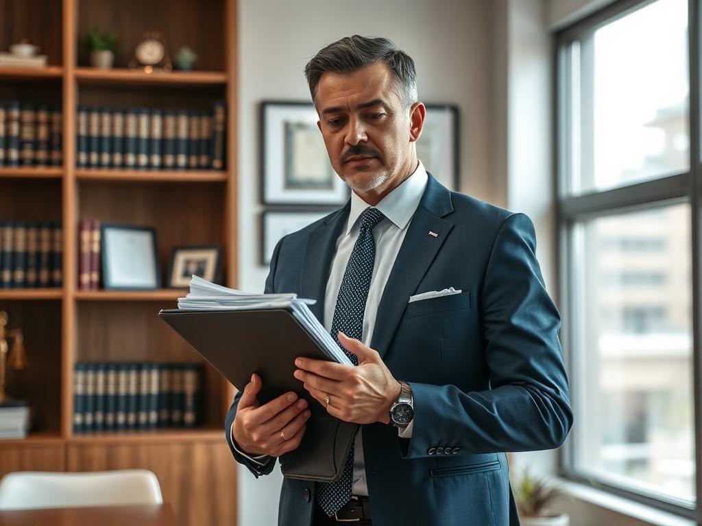 Generate a high-resolution image of a confident attorney in a professional office setting, representing the theme of "Houston Attorney vs Public Defender: What’s the Difference?". The subject should be a middle-aged, Hispanic male attorney, wearing a tailored navy blue suit with a crisp white shirt and a solid tie. He should have an assertive yet approachable expression, holding a legal briefcase in one hand and appearing to review a stack of legal documents with the other, conveying a sense of readiness an