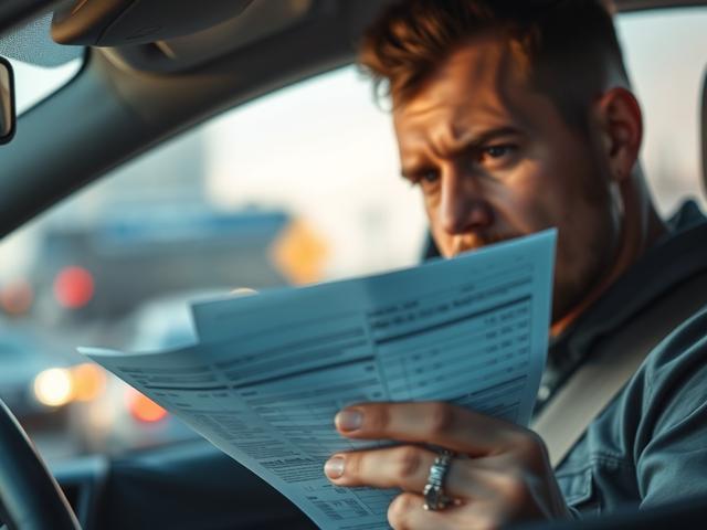 Create a realistic high-resolution photo that visually represents the blog titled "Avoiding Common Mistakes When Dealing with Harris County Traffic Tickets". The composition should be simple and clear, featuring a close-up shot of a focused subject: a concerned driver holding a traffic ticket in their hand. The driver should appear thoughtfully engaged as they study the document, with a furrowed brow indicating contemplation.

In the background, incorporate subtle elements that suggest a traffic scene, such