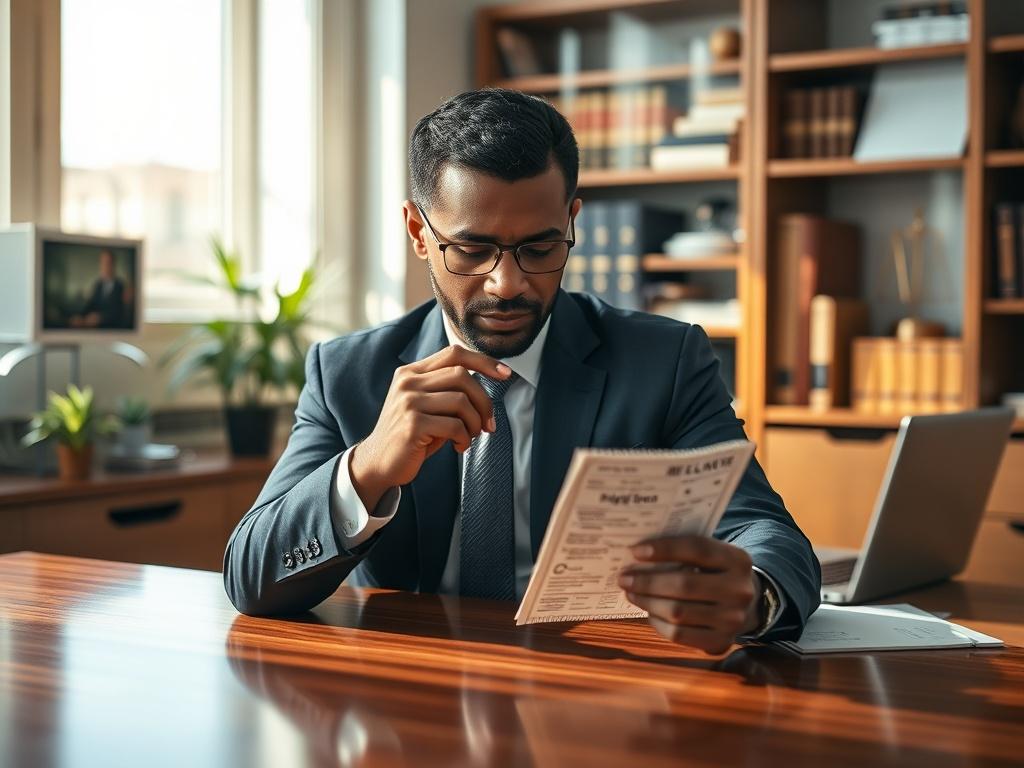 Create a realistic high-resolution photo focused on a single subject: a thoughtful traffic ticket lawyer sitting at a polished wooden desk in a modern office setting. The lawyer, a middle-aged African American man, is dressed in a professional dark navy suit, looking down at a traffic ticket in his hand with a contemplative expression. 

The composition should highlight the lawyer as the central figure, with a shallow depth of field to softly blur the background while keeping the facial features and ticket 