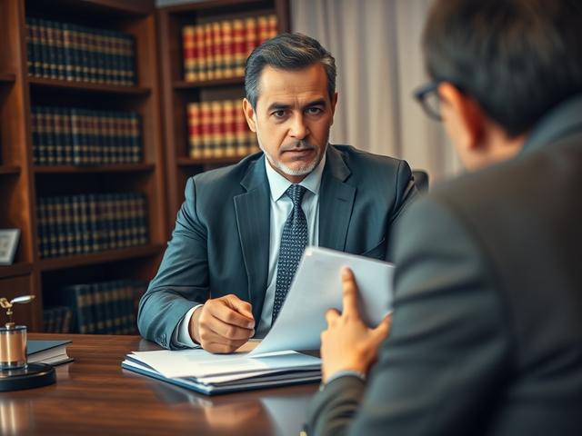 Create a realistic high-resolution photo that encapsulates the essence of a criminal lawyer in Houston assisting clients with felony and misdemeanor charges. The image should feature a confident and professional criminal lawyer, a middle-aged Hispanic man in a tailored dark suit, sitting at a clean, well-organized desk. He is engaged in a discussion with an unseen client, showcasing a serious expression while reviewing legal documents. 

The background should depict a warm, modern law office with dark wood 