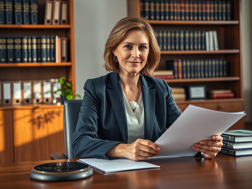 Create a realistic high-resolution photo of a civil lawsuit attorney in their office environment. The attorney should be a middle-aged woman, professionally dressed in a tailored suit, with an engaging and focused expression as she sits at a modern wooden desk, reviewing legal documents. The background should feature a well-organized bookshelf filled with legal texts, case files, and a small plant for a touch of greenery. Soft, natural light should illuminate the scene, creating a warm and inviting atmosphe