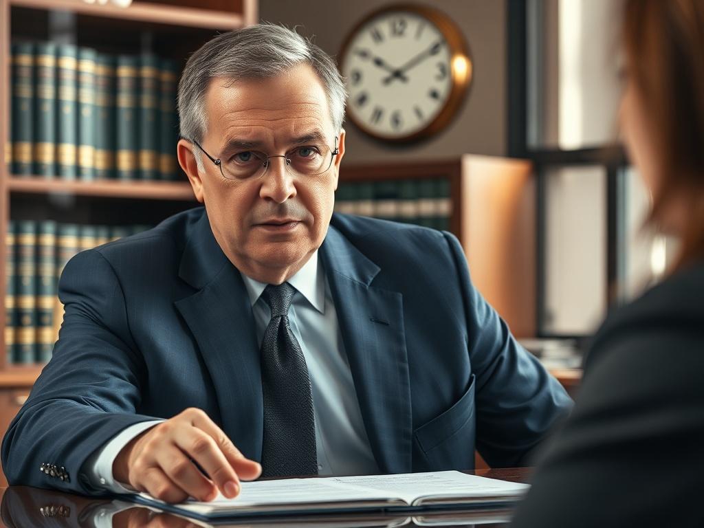 **AI Image Generation Prompt:**

Create a highly detailed, hyper-realistic close-up shot of a defense attorney in an office setting, capturing the moment he is providing counsel to a concerned client who appears to be in their early thirties. The attorney, a middle-aged man with short, neatly groomed hair and wearing a tailored navy suit, should be facing the camera, displaying a look of reassurance and professionalism. His hand should be gesturing towards a legal document on the desk, symbolizing the serio