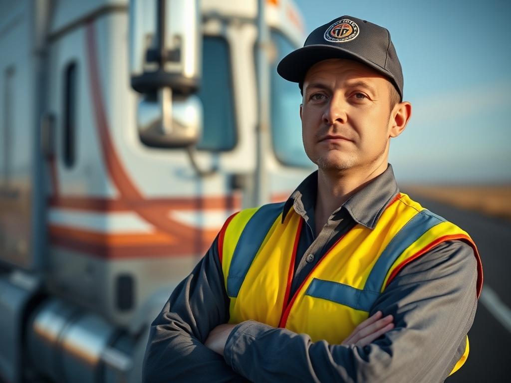 Create a highly detailed, realistic high-resolution photo that captures the essence of the blog titled "If you have a CDL, a traffic ticket can cost you your job—here's what you can do." The composition should be simple and centered around one main subject: a professional-looking commercial truck driver. The driver should be depicted in a concerned yet determined expression, standing beside his truck, which is prominently branded to indicate that it’s a commercial vehicle. 

The background should be an open