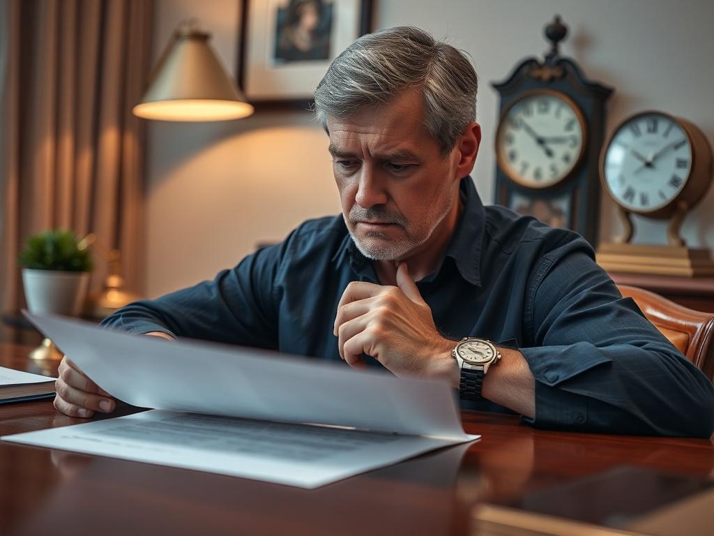 **Prompt for AI Image Generator:**

Create a realistic high-resolution photo featuring a close-up shot of a concerned middle-aged man, looking thoughtfully at a document spread out on a polished wooden desk. He is dressed business-casual, wearing a navy blue blouse and a watch, conveying a sense of seriousness and contemplation. 

In the background, softly blurred, include elements such as a small potted plant, a classic brass desk lamp, and a vintage clock to create a warm and professional atmosphere. 

Th