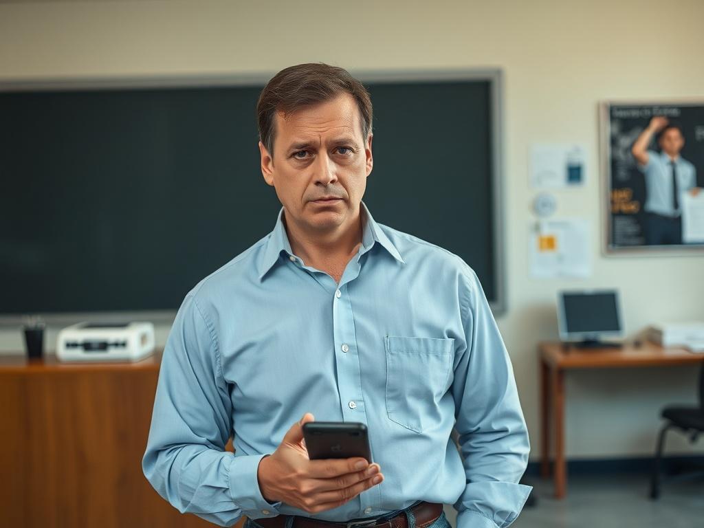 **AI Image Generation Prompt:**

Create a realistic high-resolution photo that captures the essence of a blog titled "Arrested in Houston? Here’s What Happens in the First 24 Hours." The composition should feature a solitary figure standing in a police station setting. The subject should be a middle-aged man with an anxious expression, wearing a neatly pressed shirt and jeans, looking slightly concerned while holding a cell phone in one hand. The background should depict the interior of a police station, wi