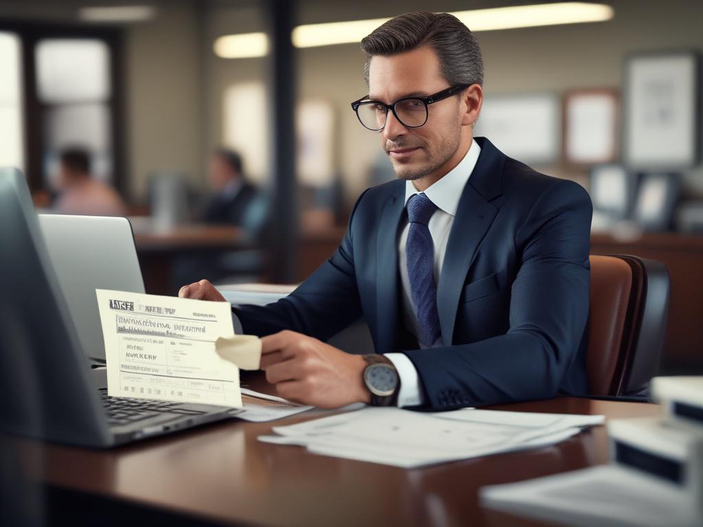 **AI Image Generation Prompt:**
Create a hyper-realistic, high-resolution close-up shot of a focused and determined CDL ticket lawyer in an office setting. The lawyer, a middle-aged Hispanic man, is seated at a desk cluttered with legal documents and a laptop displaying a commercial driving license. His expression conveys expertise and confidence as he discusses a case with a concerned client, a young Caucasian woman. 
Ensure the background features bookshelves lined with law books and a large window allo